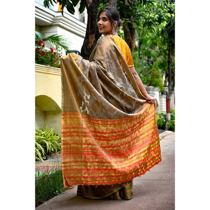 Isadora Life Womens Woven Zari Multi-Color Pre-Draped Saree with Unstitched Blouse