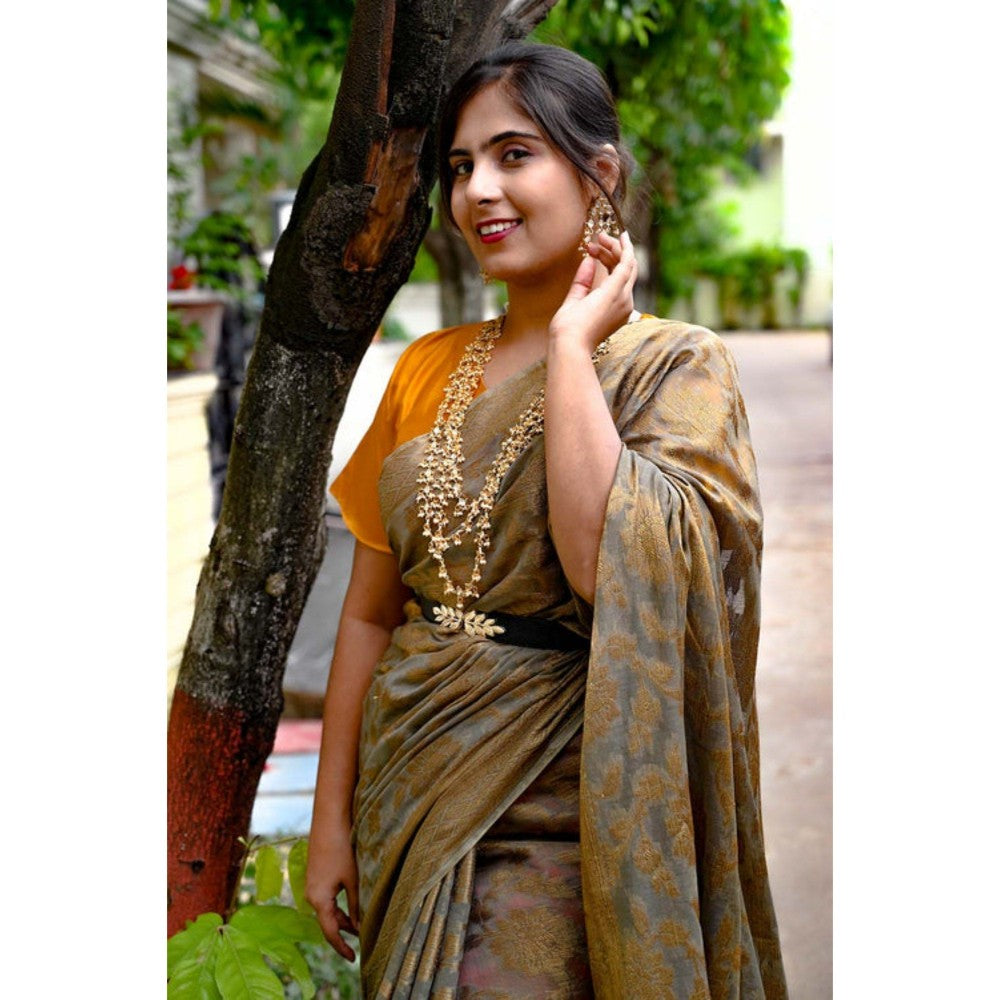 Isadora Life Womens Woven Zari Multi-Color Pre-Draped Saree with Unstitched Blouse