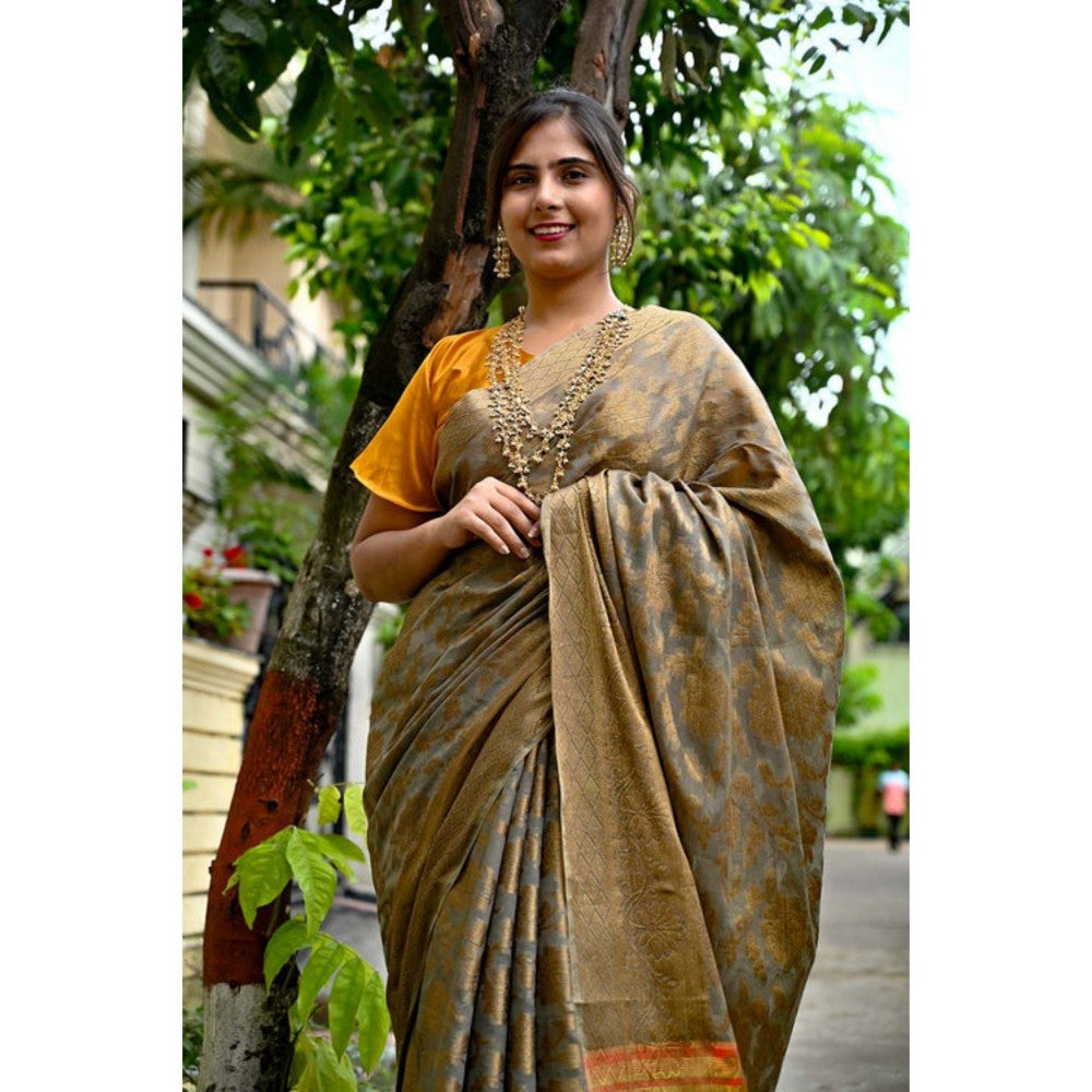 Isadora Life Womens Woven Zari Multi-Color Pre-Draped Saree with Unstitched Blouse