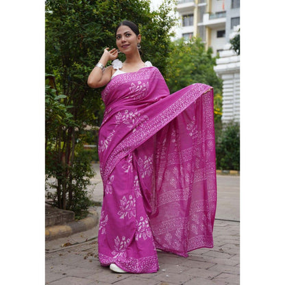 Isadora Life Womens Block Print Purple Pre-Draped Saree with Unstitched Blouse
