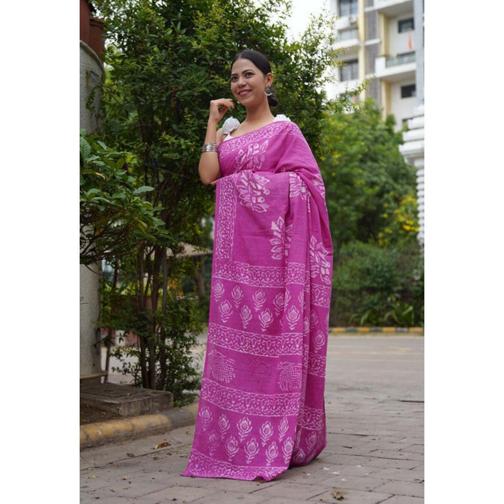 Isadora Life Womens Block Print Purple Pre-Draped Saree with Unstitched Blouse