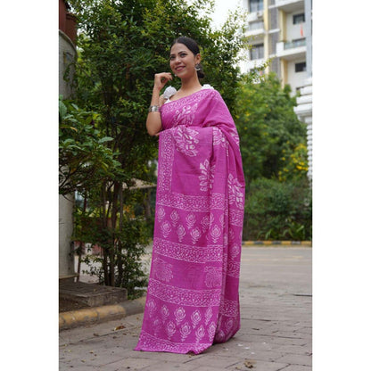 Isadora Life Womens Block Print Purple Pre-Draped Saree with Unstitched Blouse