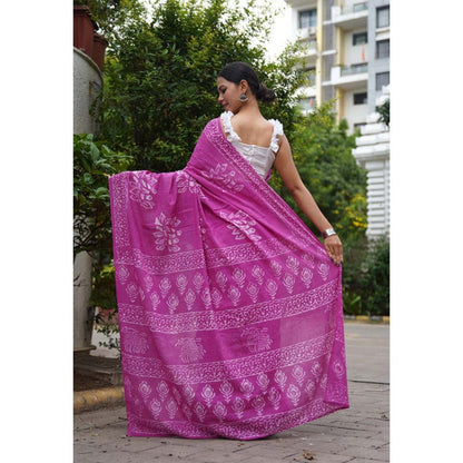 Isadora Life Womens Block Print Purple Pre-Draped Saree with Unstitched Blouse