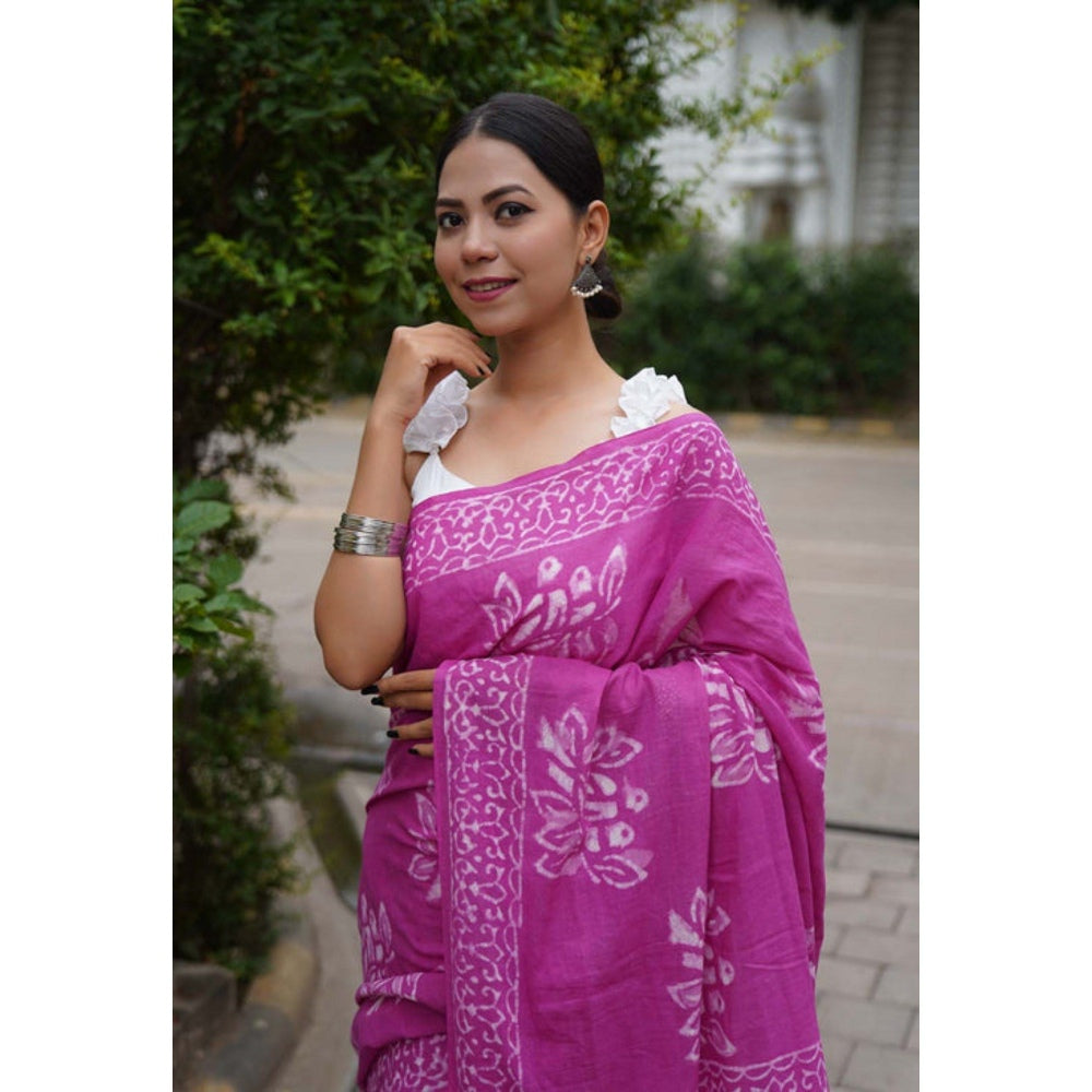 Isadora Life Womens Block Print Purple Pre-Draped Saree with Unstitched Blouse