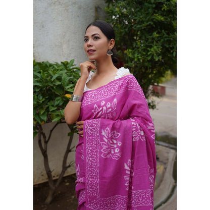 Isadora Life Womens Block Print Purple Pre-Draped Saree with Unstitched Blouse