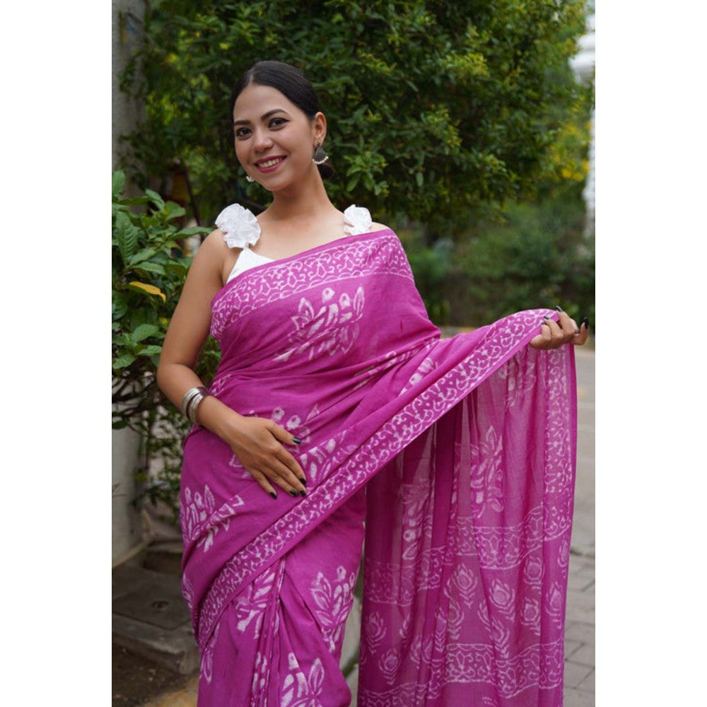 Isadora Life Womens Block Print Purple Pre-Draped Saree with Unstitched Blouse