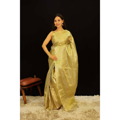 Isadora Life Womens Woven Zari Gold Pre-Draped Saree with Unstitched Blouse