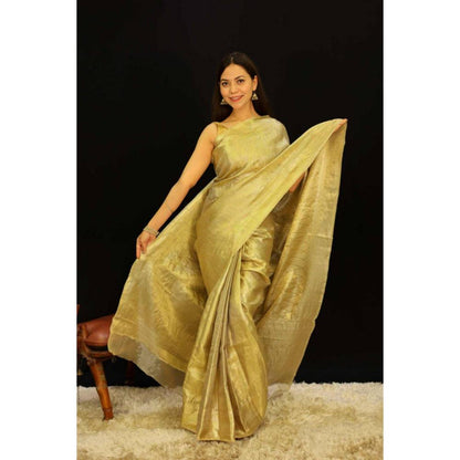 Isadora Life Womens Woven Zari Gold Pre-Draped Saree with Unstitched Blouse