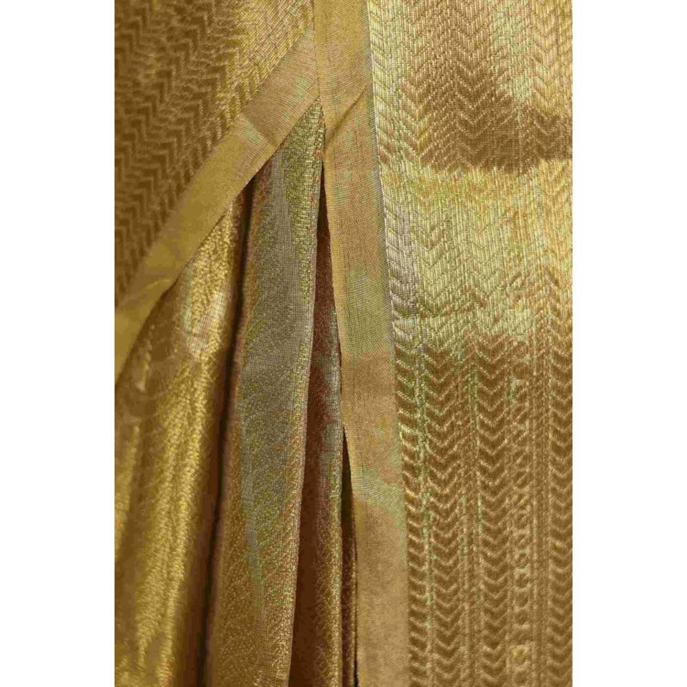 Isadora Life Womens Woven Zari Gold Pre-Draped Saree with Unstitched Blouse