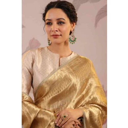 Isadora Life Womens Woven Zari Gold Pre-Draped Saree with Unstitched Blouse