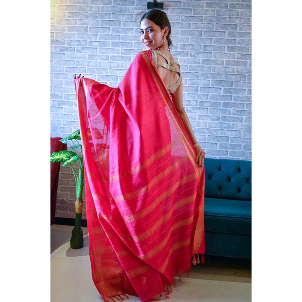 Isadora Life Womens Woven Zari Pink Pre-Draped Saree with Unstitched Blouse