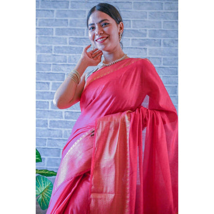 Isadora Life Womens Woven Zari Pink Pre-Draped Saree with Unstitched Blouse