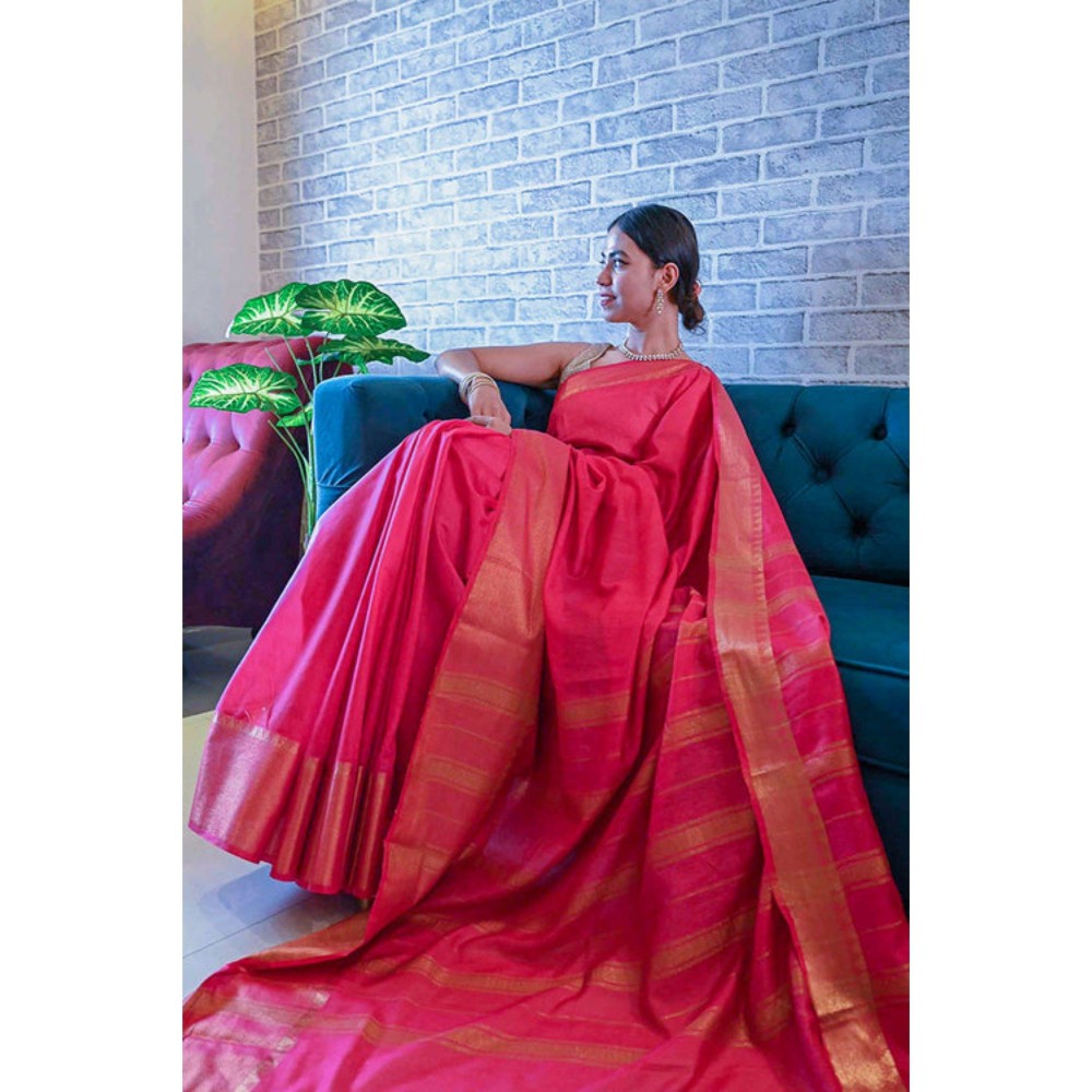 Isadora Life Womens Woven Zari Pink Pre-Draped Saree with Unstitched Blouse