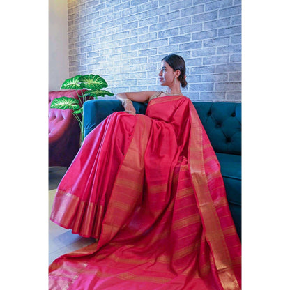 Isadora Life Womens Woven Zari Pink Pre-Draped Saree with Unstitched Blouse