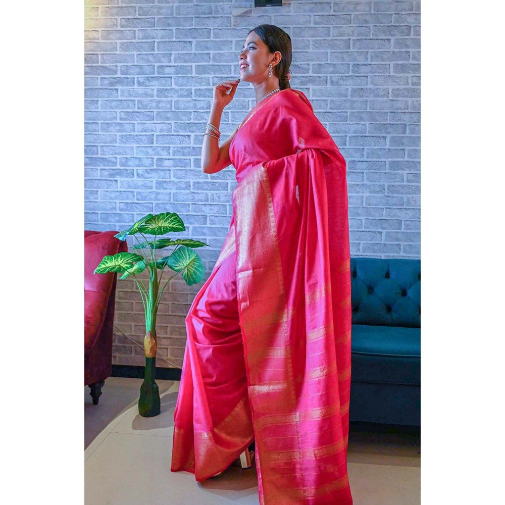 Isadora Life Womens Woven Zari Pink Pre-Draped Saree with Unstitched Blouse