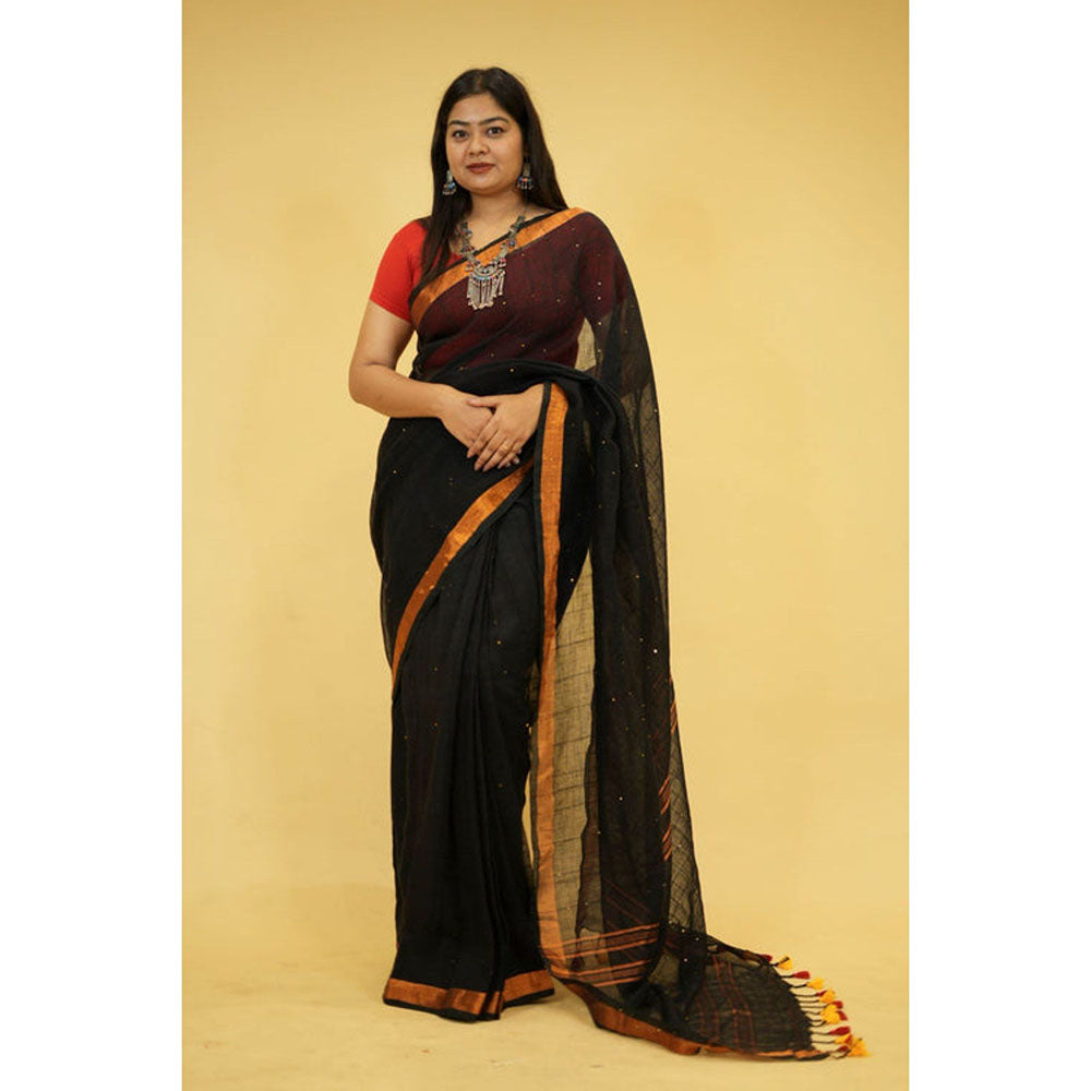 Isadora Life Womens Tassels Sequined Black Pre-Draped Saree with Unstitched Blouse