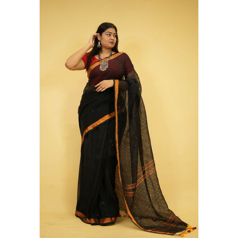 Isadora Life Womens Tassels Sequined Black Pre-Draped Saree with Unstitched Blouse