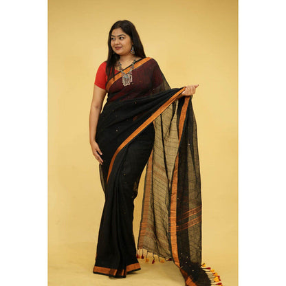 Isadora Life Womens Tassels Sequined Black Pre-Draped Saree with Unstitched Blouse