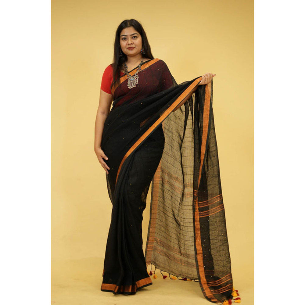 Isadora Life Womens Tassels Sequined Black Pre-Draped Saree with Unstitched Blouse