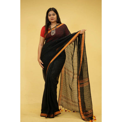 Isadora Life Womens Tassels Sequined Black Pre-Draped Saree with Unstitched Blouse