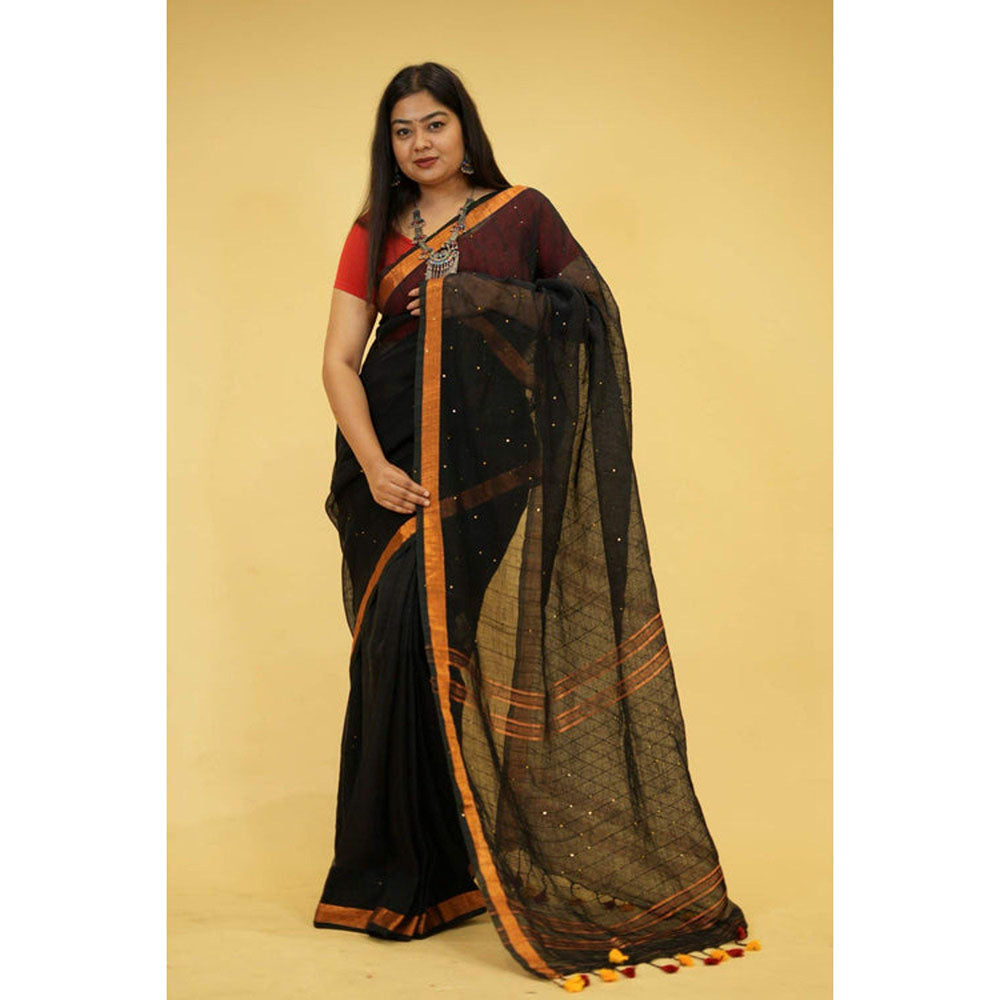 Isadora Life Womens Tassels Sequined Black Pre-Draped Saree with Unstitched Blouse