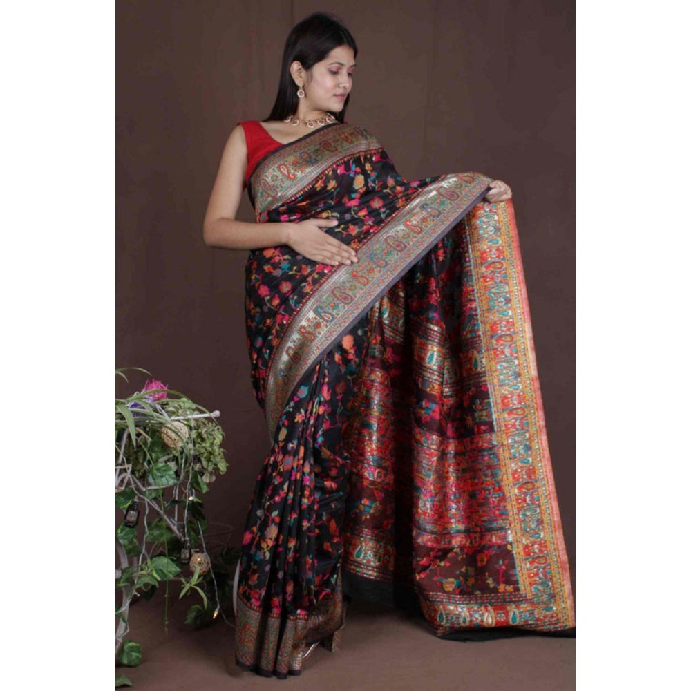 Isadora Life Womens Floral Zari Black Pre-Draped Saree with Unstitched Blouse