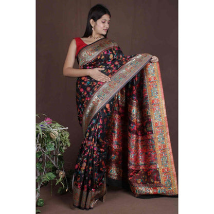 Isadora Life Womens Floral Zari Black Pre-Draped Saree with Unstitched Blouse