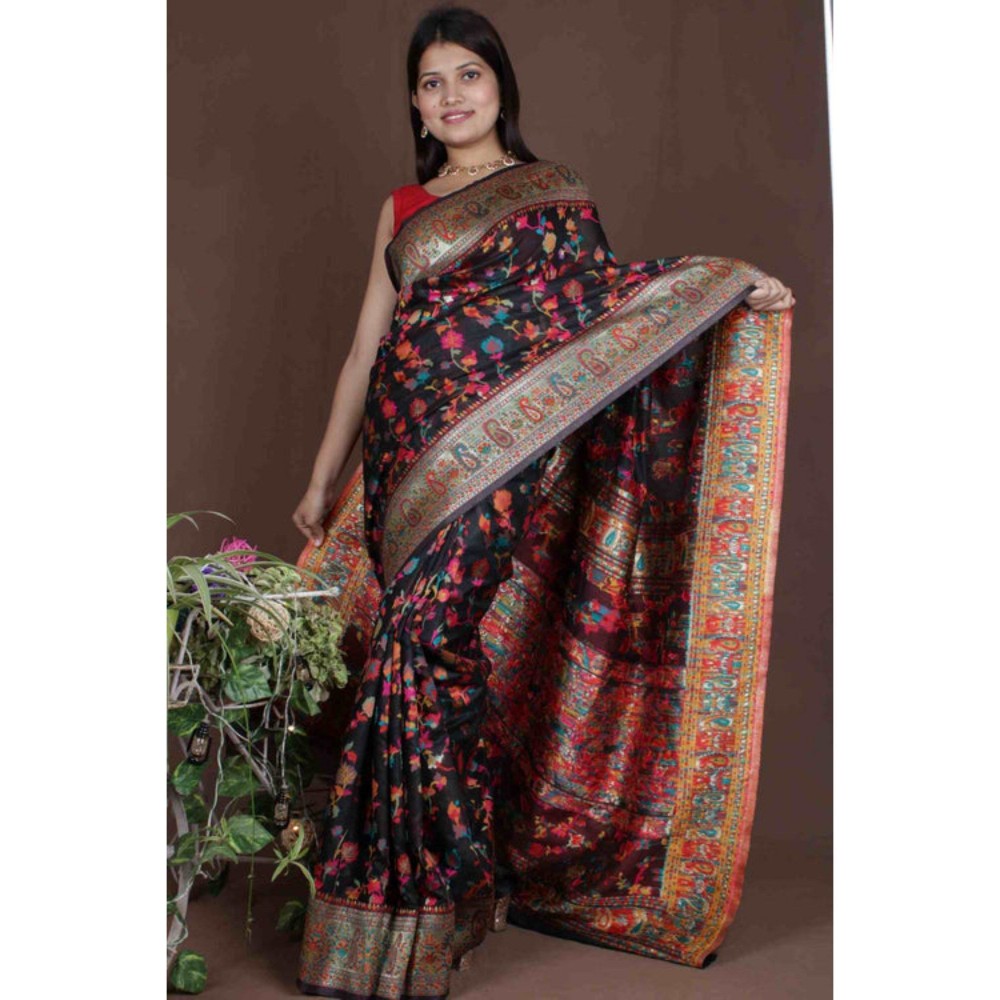 Isadora Life Womens Floral Zari Black Pre-Draped Saree with Unstitched Blouse