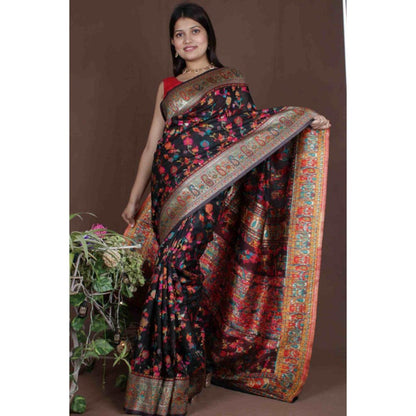 Isadora Life Womens Floral Zari Black Pre-Draped Saree with Unstitched Blouse