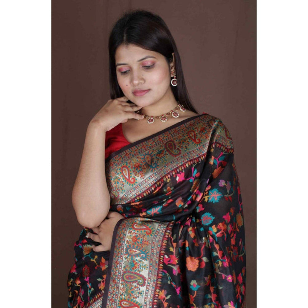 Isadora Life Womens Floral Zari Black Pre-Draped Saree with Unstitched Blouse