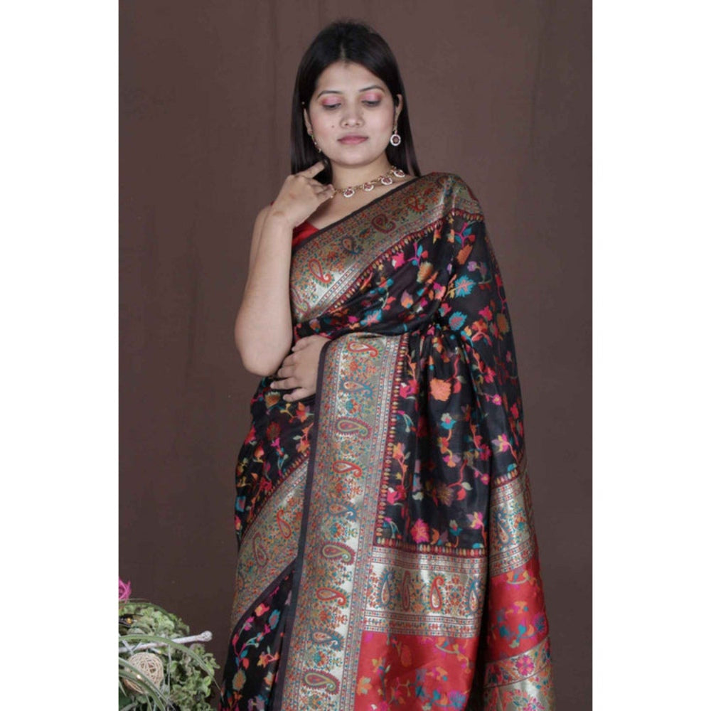 Isadora Life Womens Floral Zari Black Pre-Draped Saree with Unstitched Blouse