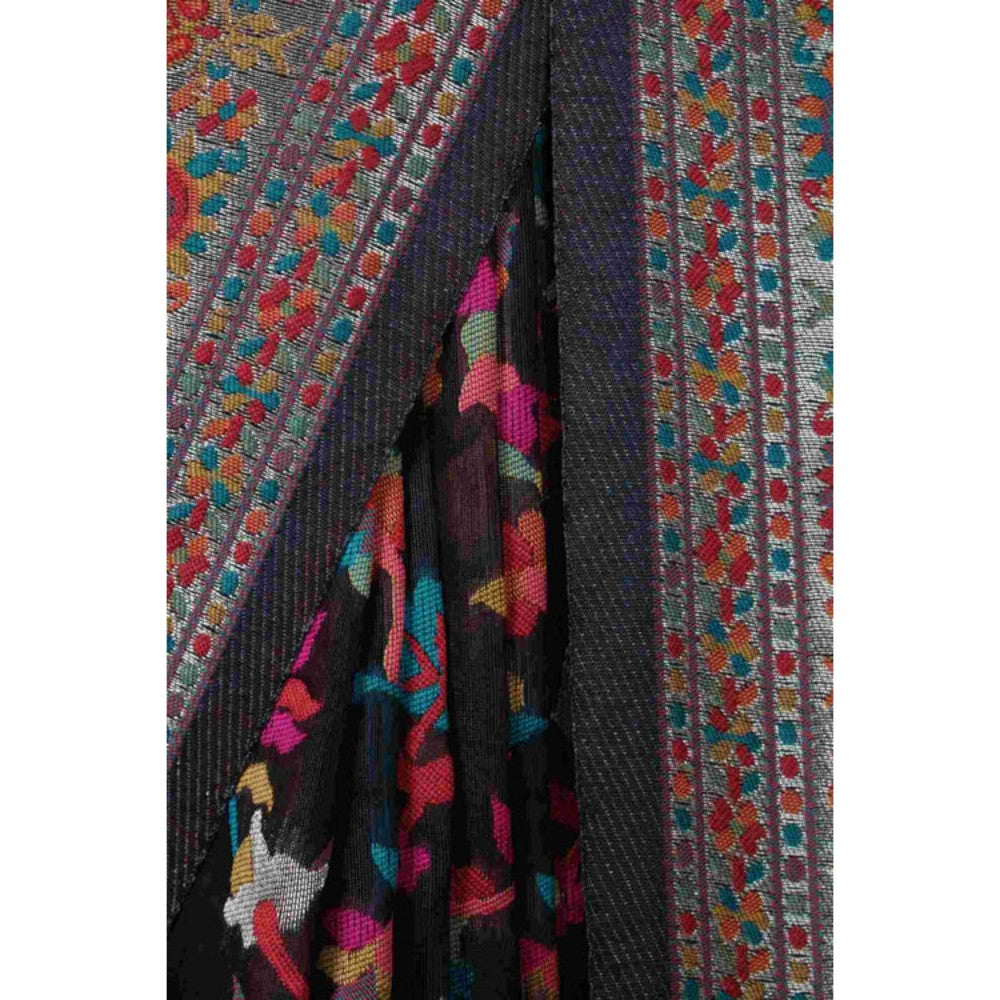 Isadora Life Womens Floral Zari Black Pre-Draped Saree with Unstitched Blouse