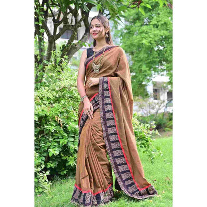 Isadora Life Womens Printed Brown Pre-Draped Saree with Unstitched Blouse