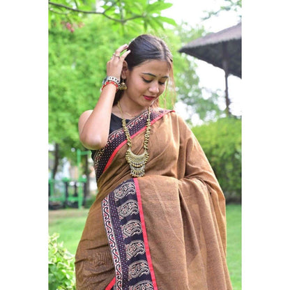 Isadora Life Womens Printed Brown Pre-Draped Saree with Unstitched Blouse