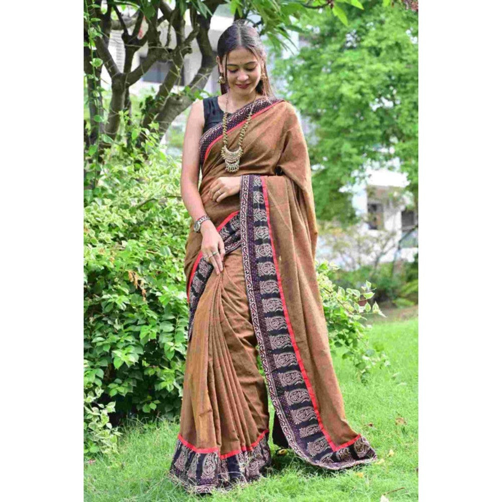 Isadora Life Womens Printed Brown Pre-Draped Saree with Unstitched Blouse