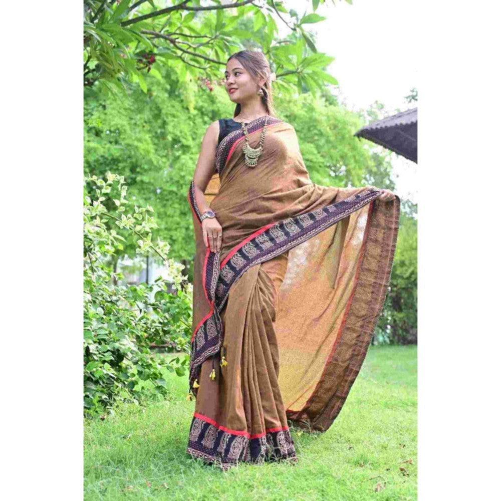 Isadora Life Womens Printed Brown Pre-Draped Saree with Unstitched Blouse