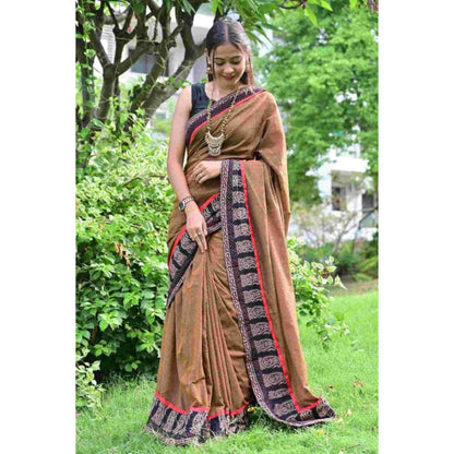 Isadora Life Womens Printed Brown Pre-Draped Saree with Unstitched Blouse