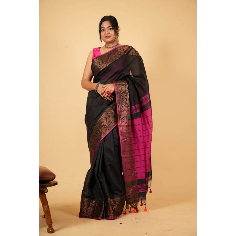 Isadora Life Womens Woven Zari Black Pre-Draped Saree with Unstitched Blouse