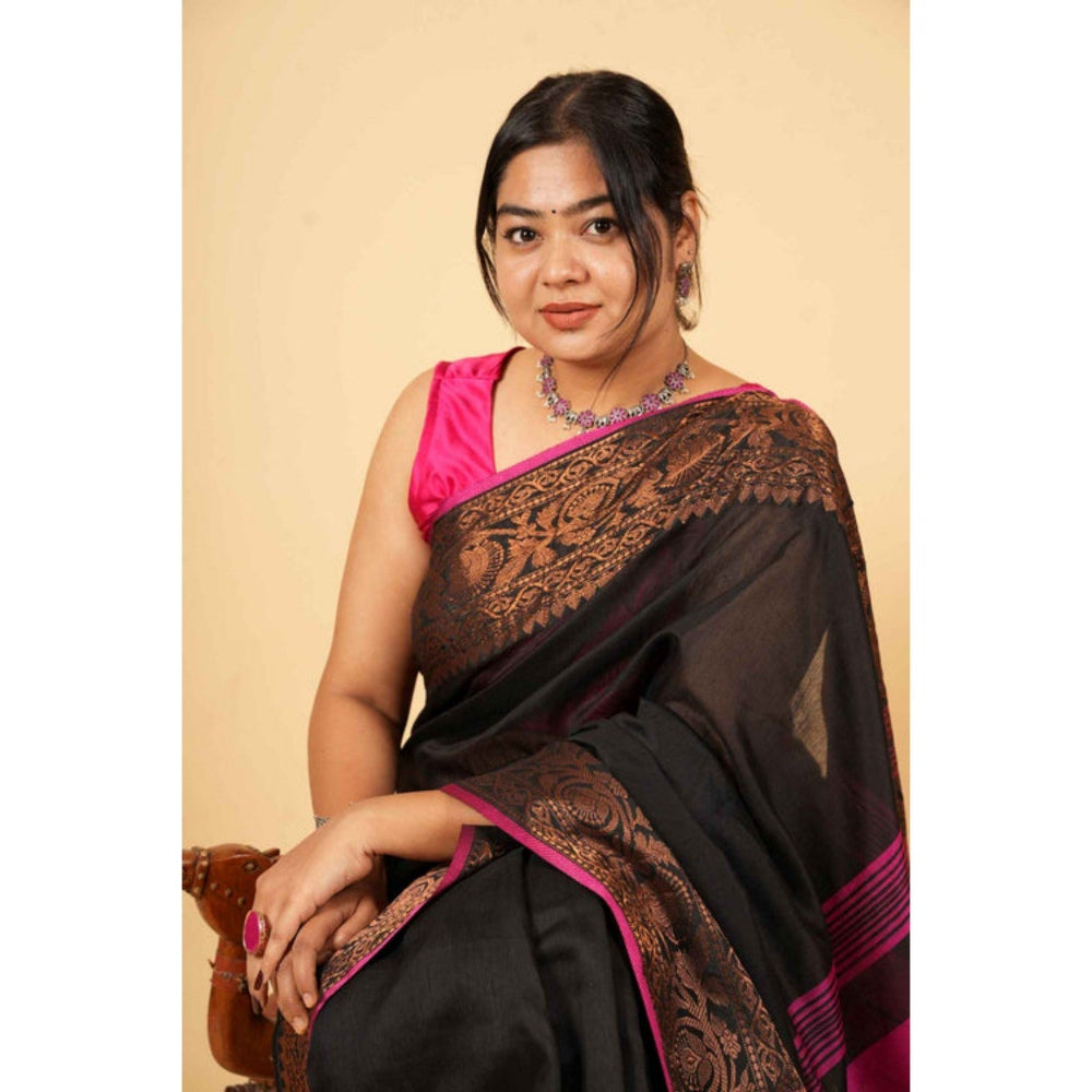 Isadora Life Womens Woven Zari Black Pre-Draped Saree with Unstitched Blouse