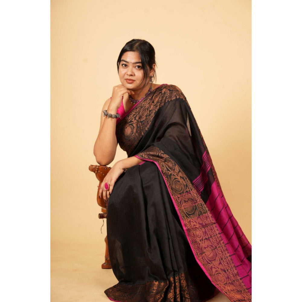 Isadora Life Womens Woven Zari Black Pre-Draped Saree with Unstitched Blouse