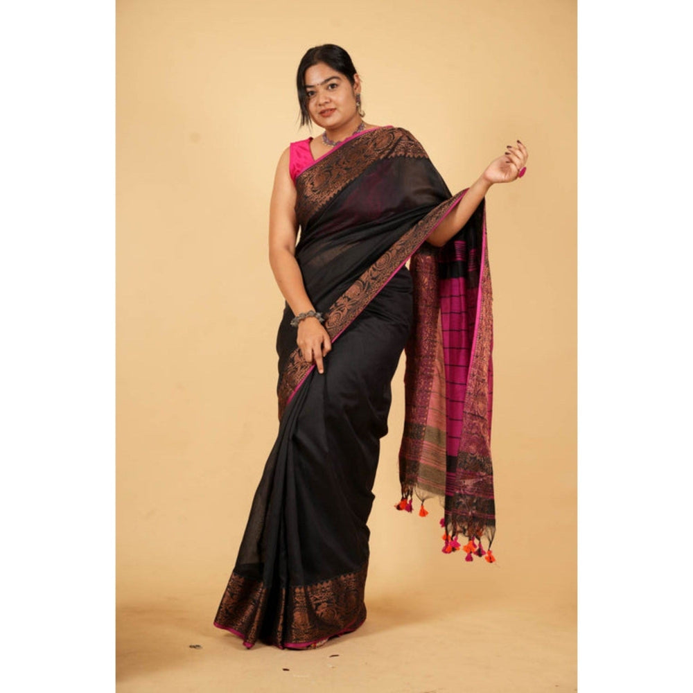 Isadora Life Womens Woven Zari Black Pre-Draped Saree with Unstitched Blouse
