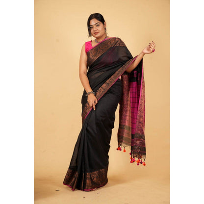 Isadora Life Womens Woven Zari Black Pre-Draped Saree with Unstitched Blouse