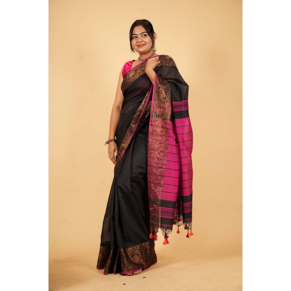 Isadora Life Womens Woven Zari Black Pre-Draped Saree with Unstitched Blouse