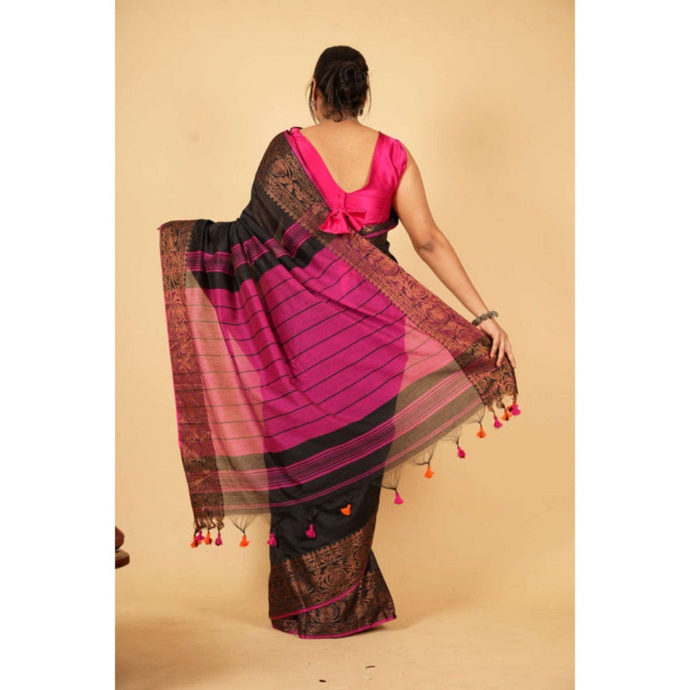Isadora Life Womens Woven Zari Black Pre-Draped Saree with Unstitched Blouse