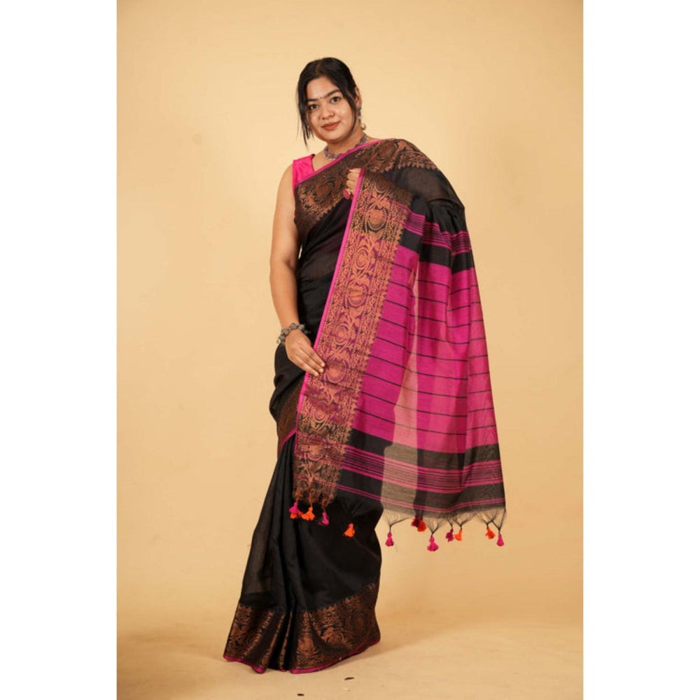 Isadora Life Womens Woven Zari Black Pre-Draped Saree with Unstitched Blouse