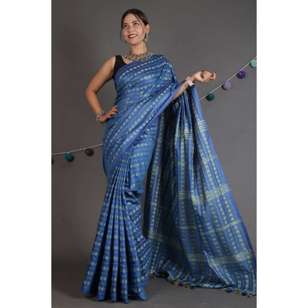 Isadora Life Womens Embroidered Thread Work Blue Pre-Draped Saree with Unstitched Blouse