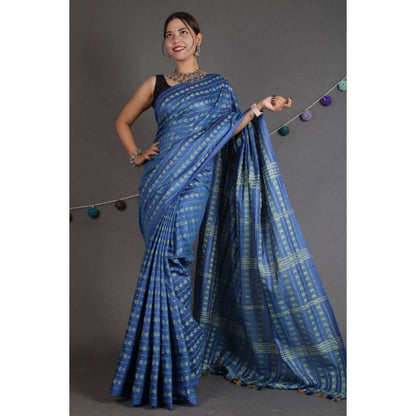Isadora Life Womens Embroidered Thread Work Blue Pre-Draped Saree with Unstitched Blouse