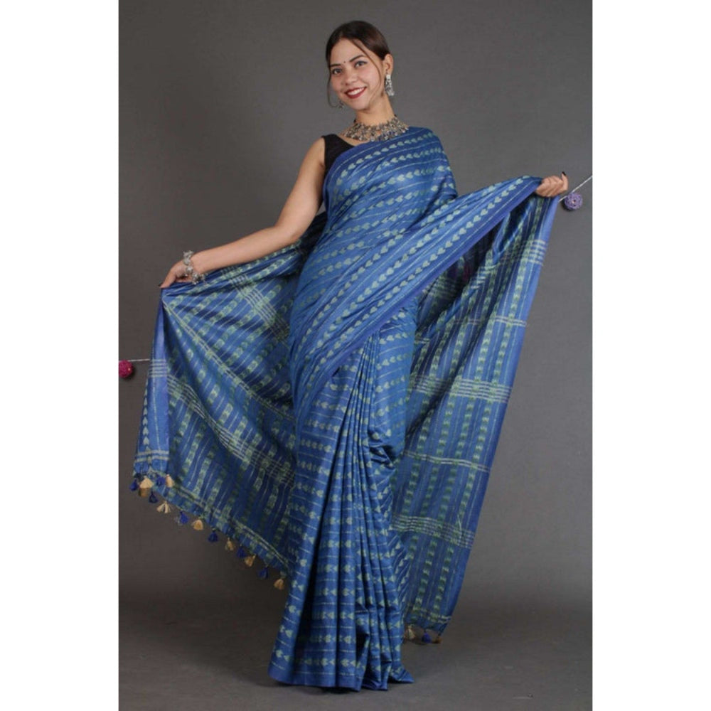 Isadora Life Womens Embroidered Thread Work Blue Pre-Draped Saree with Unstitched Blouse
