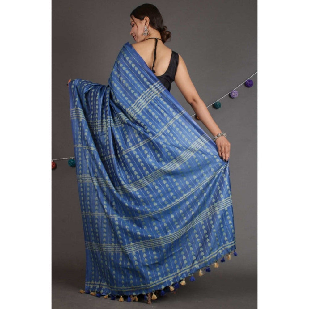 Isadora Life Womens Embroidered Thread Work Blue Pre-Draped Saree with Unstitched Blouse