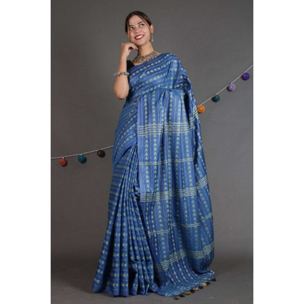 Isadora Life Womens Embroidered Thread Work Blue Pre-Draped Saree with Unstitched Blouse